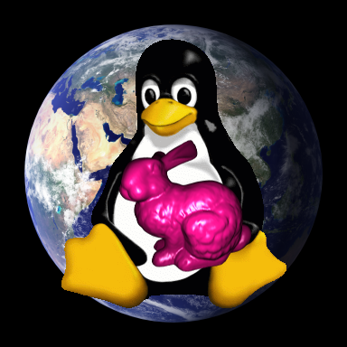 Tux, floating in front of the Earth, holding a pink Stanford Bunny.