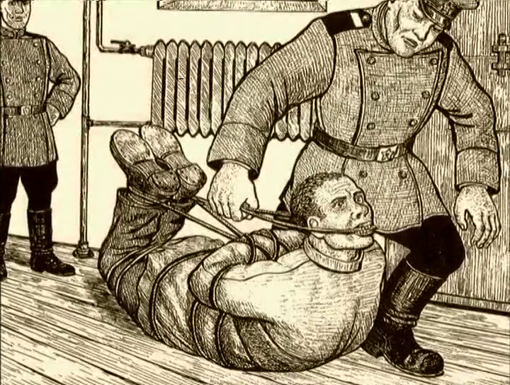 Man being tortured by Soviet prison guards.
