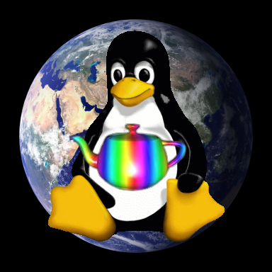 Tux, floating in front of the Earth, holding a Utah Teapot.